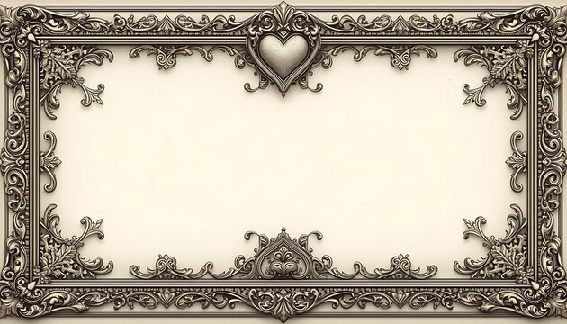 Vintage Cream and Gold Ornate Rectangular Picture Frame Border with Delicate Heart Accents