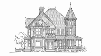 Obraz premium Victorian Mansion House Architecture Sketch Line Art for Coloring Book