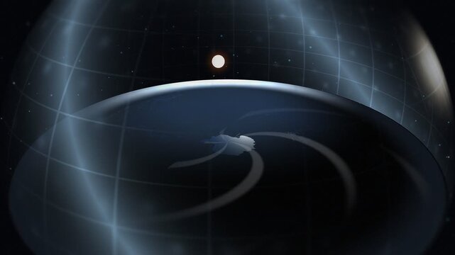 Animated flat earth theory concept with sun rotating over domed disk. 4K Video 3D Render