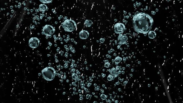 Abstract background of many blue and transparent bubbles rising in dark liquid with light reflections with overall mood mysterious dynamic