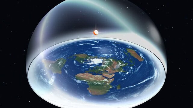 Animation of flat earth model with orbiting sun under a glass dome. 4K Video 3D Render