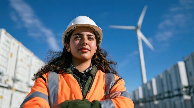 Confident female engineer in safety helmet and orange jacket standing outdoors near wind turbine and industrial containers under blue sky