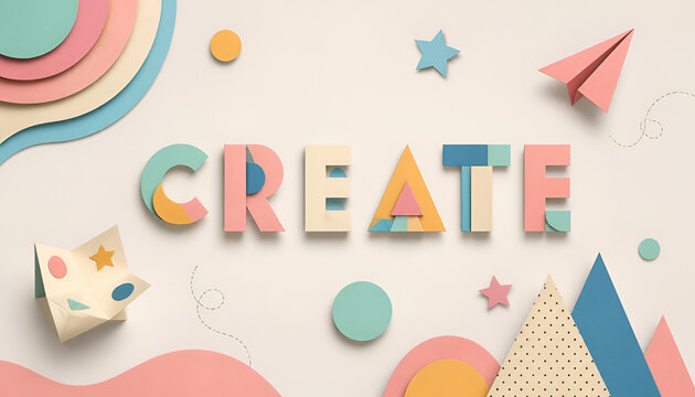 The word create formed by colorful three dimensional paper craft letters decorated with paper shapes craft project paper art design element