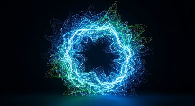 Vibrant blue and green glowing energy vortex with swirling light patterns on a dark background