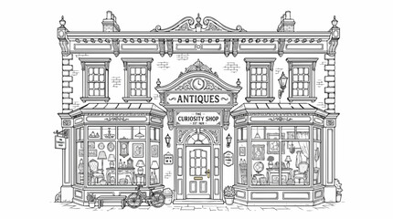 Obraz premium Ornate vintage antique curiosity shop storefront line art illustration