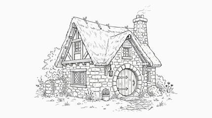 Fototapeta premium Hand-drawn whimsical fantasy stone cottage with thatched roof line art