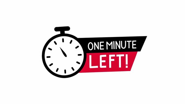 A flat 2D motion graphic featuring a ticking stopwatch and a red 'One Minute Left' alert banner on a white background.