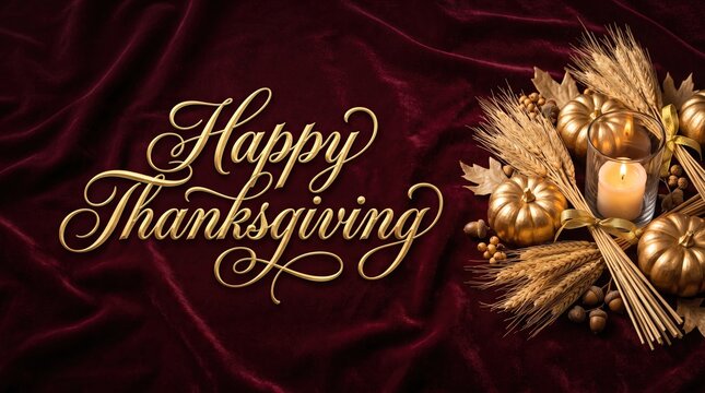 A beautiful happy thanksgiving day banner featuring elegant gold typography and a festive harvest arrangement on dark velvet background