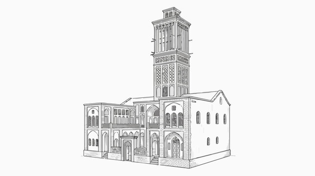 Traditional Persian House with Wind Tower Architectural Line Drawing Sketch
