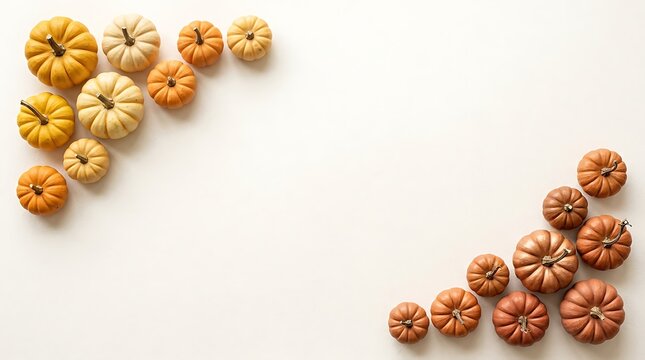 Fall pumpkins arranged in a Thanksgiving border on a white background for seasonal design