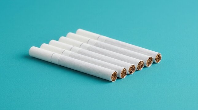 Row Of Cigarettes Arranged On A Cyan Background