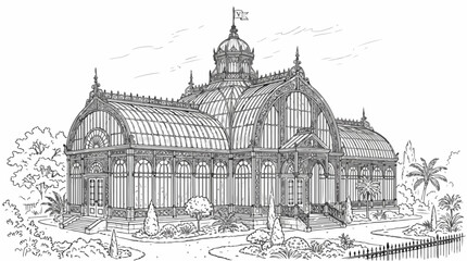 Obraz premium Ornate Victorian glass conservatory line art coloring page illustration
