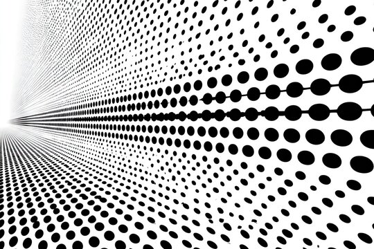 Abstract vanishing point of black dots on a white background
