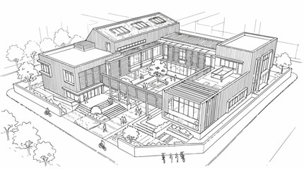 Fototapeta premium Modern architectural line drawing of building with central courtyard