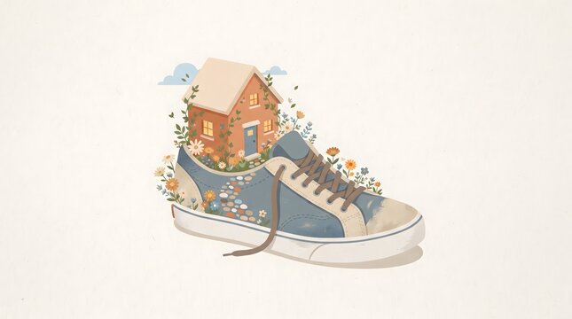 Conceptual flat illustration of a tiny cozy house growing inside a large everyday shoe, surrounded by small flowers, symbolizing the idea of finding home anywhere. Generative AI artwork.