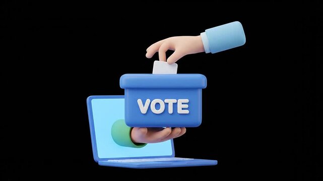3D render animation of online voting with ballot box and laptop computer