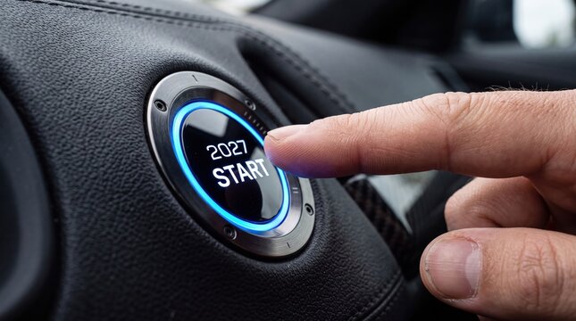 A Person Pushes A Glowing Engine Start Button For The New Year 2027 In