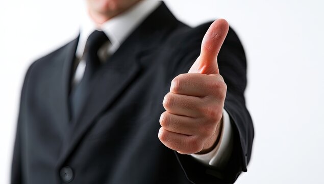 Businessman in suit gives a confident thumbs-up gesture
