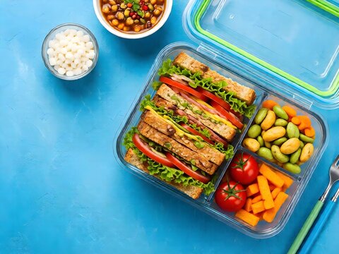 An appealing and health-conscious school lunch scene captured from above. The lunchbox features delectable sandwiches and fresh snacks on a blue background, offering copyspace for text or advertising