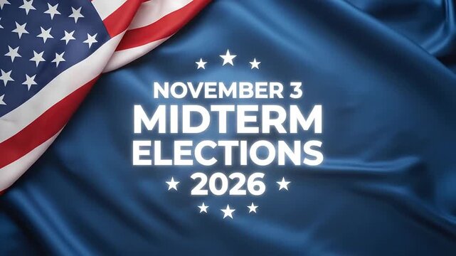 2026 US Midterm Elections announcement text over waving blue satin background with American flag.