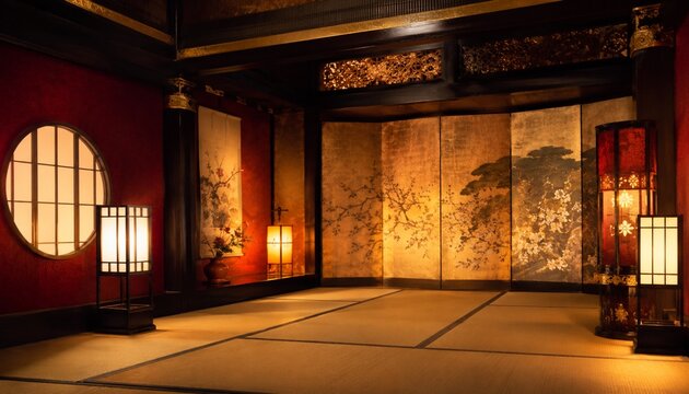 Traditional Japanese inspired tatami room with ornate golden screens