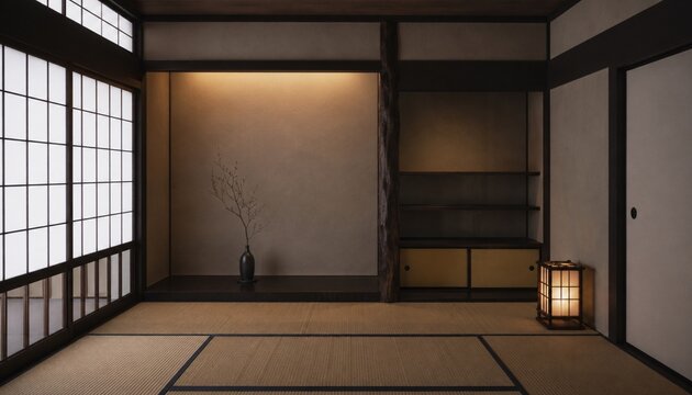 Minimal Japanese tatami room with shoji screens and warm lantern