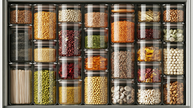 Kitchen pantry organization with glass airtight jars containing various grains beans and dry pasta.