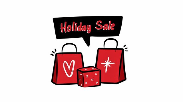 Simple hand-drawn animation of red gift bags and boxes with a 'Holiday Sale' bubble on white background.