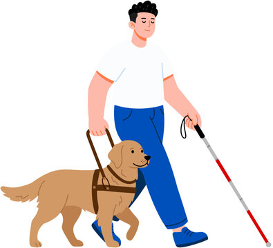 Blind man walking with helper guide dog and cane for visual navigation assistance