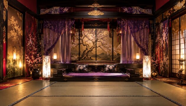 Luxurious Japanese inspired tatami room with purple drapes