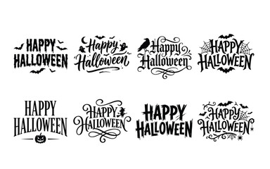 Collection of happy halloween hand lettered brush style typography designs with bats and moon © MDAshikur