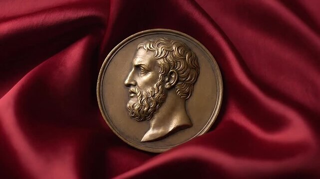 Antique bronze medallion displaying an ancient philosopher profile resting on red satin fabric.