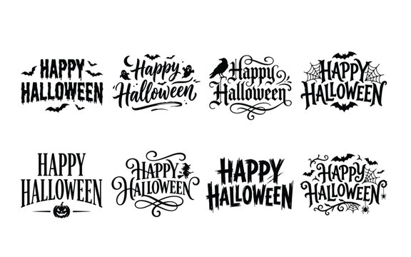 Collection of happy halloween hand lettered brush style typography designs with bats and moon