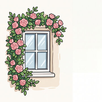 Cartoon Game Asset Pink Climbing Roses Around Window Illustration