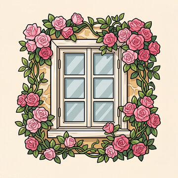 2D Cartoon Window with Pink Climbing Roses Game Asset