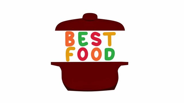 Minimalist 2D animation showing a brown ceramic pot opening to reveal colorful 'BEST FOOD' text