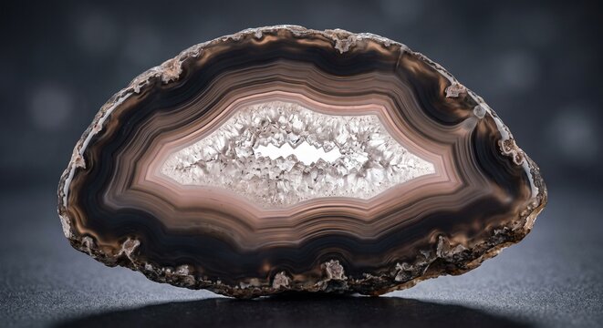 Polished brown and white banded agate gemstone slice with sparkling crystal geode center