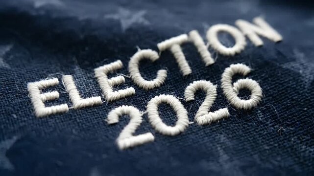 Election 2026 embroidered text stitched on dark blue star fabric background for US political campaign coverage.