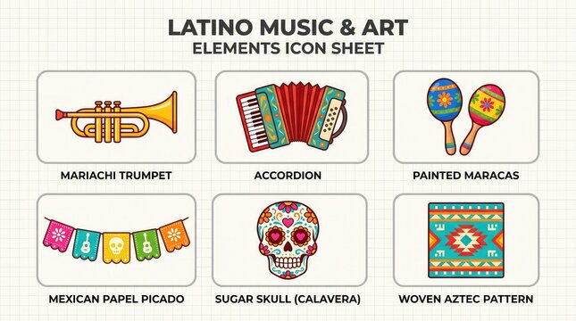 Latino music and art vector elements icon sheet with mariachi trumpet accordion maracas banner sugar skull and woven aztec pattern