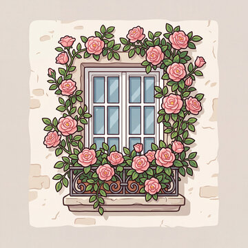 Stylized Cartoon Game Asset Window with Pink Climbing Roses