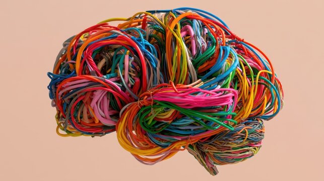 Multicolored tangled wire sculpture shaped like a human brain on a neutral background with intricate detail and vibrant hues
