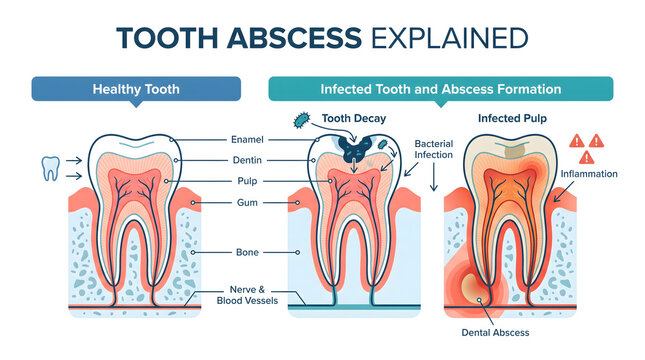 Diagram illustrating tooth abscess formation with bright lighting, smooth textures, and vibrant blue and red colors against a clean transparent background.