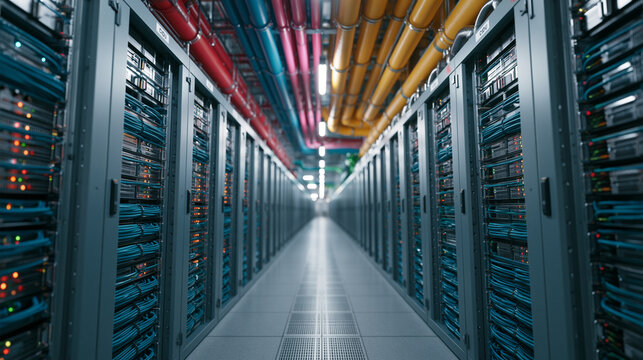 Long row of high density server racks with vibrant overhead cabling in modern data center facility.