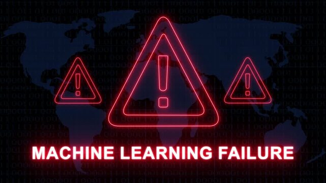 Machine learning failure warning concept featuring glowing neon red exclamation mark alert over a dark digital map background, representing artificial intelligence, system errors and, cyber security