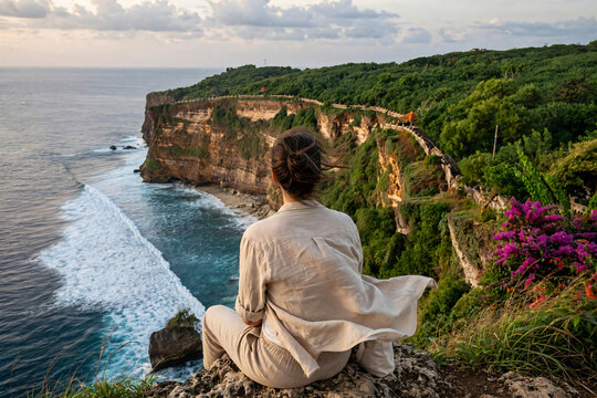 Solitary traveler sitting on a coastal cliff overlooking dramatic ocean scenery and lush tropical landscape, conveying peaceful adventure and escape.