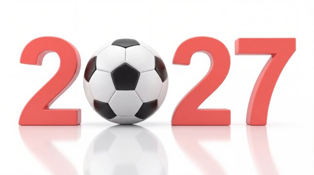 Soccer ball representing the year 2027 in a 3D red typography and whit