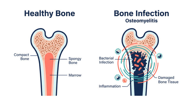 Educational cross section graphic comparing healthy bone structure against bacterial osteomyelitis infection.