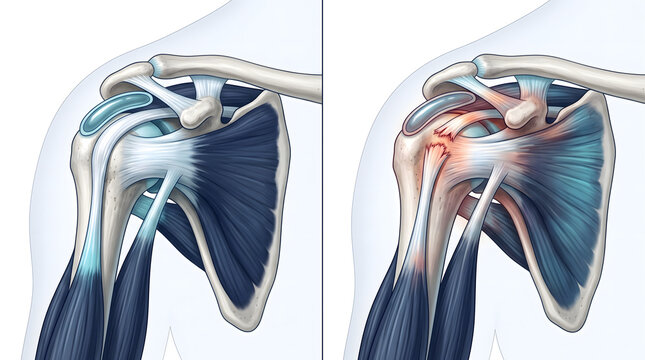 Shoulder anatomy diagram comparing a healthy joint with an injured shoulder showing ligament damage and inflammation.