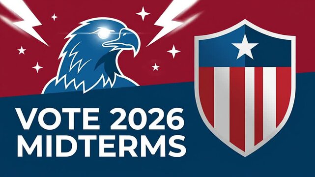 Patriotic US midterm election motion graphic featuring a stylized eagle and shield.