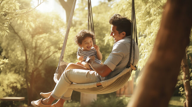 father and child on swing in nature. Happy family time with sunshine, green garden, outdoor swing.